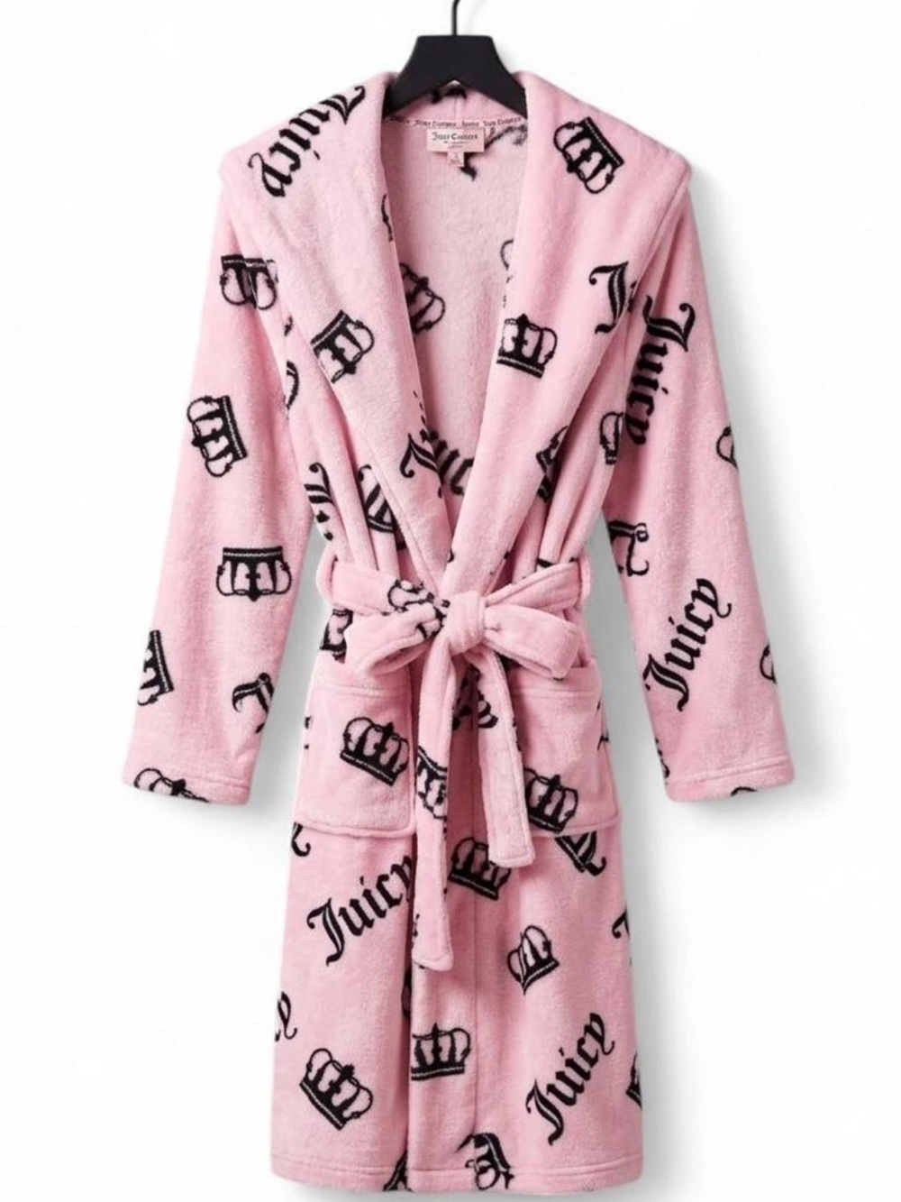 Juicy Couture Pink Plush Hooded Robe with Logo & Crown Print